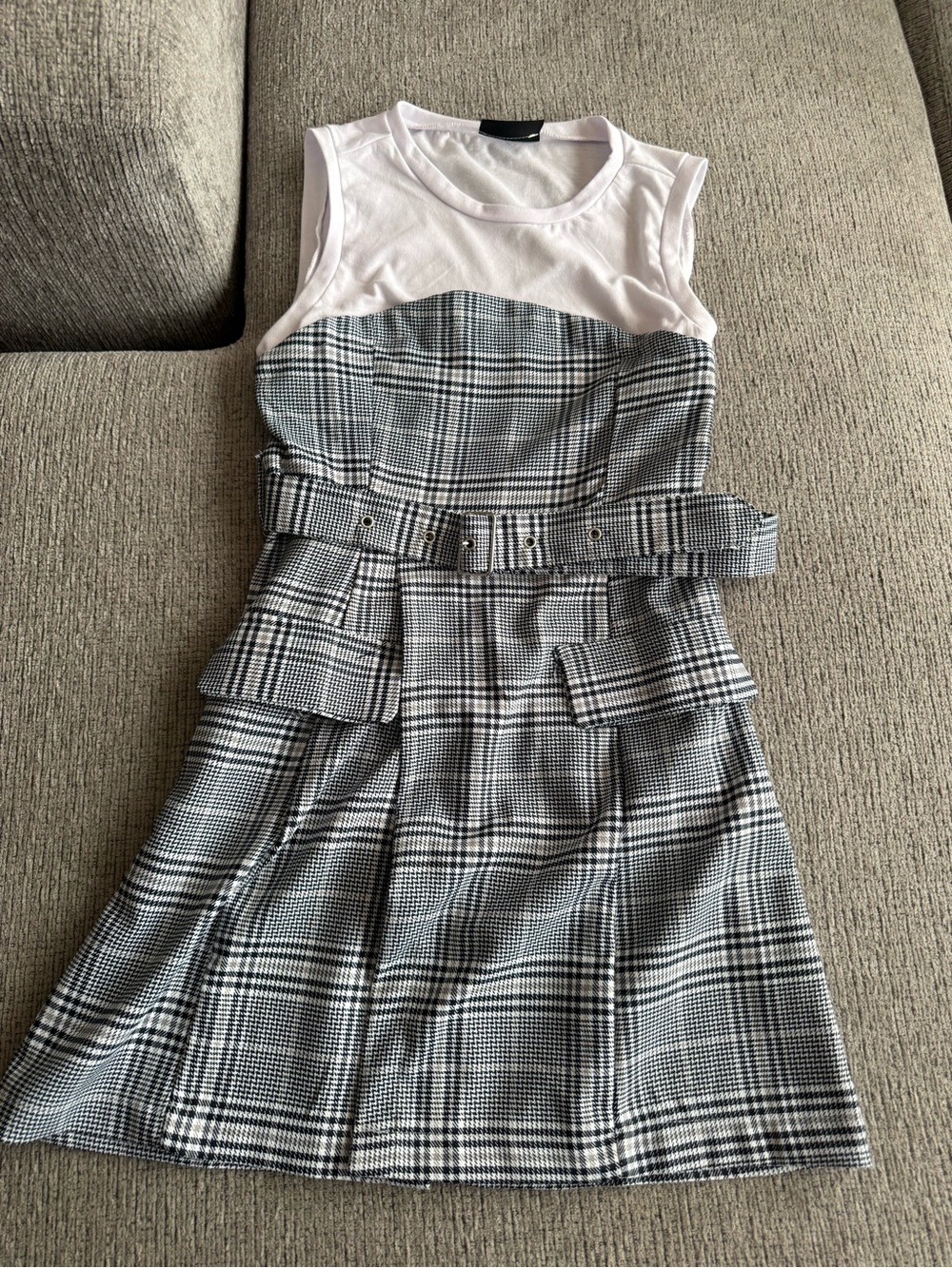 Two-Tone Plaid Belted Mini Dress with White Tank Bodice